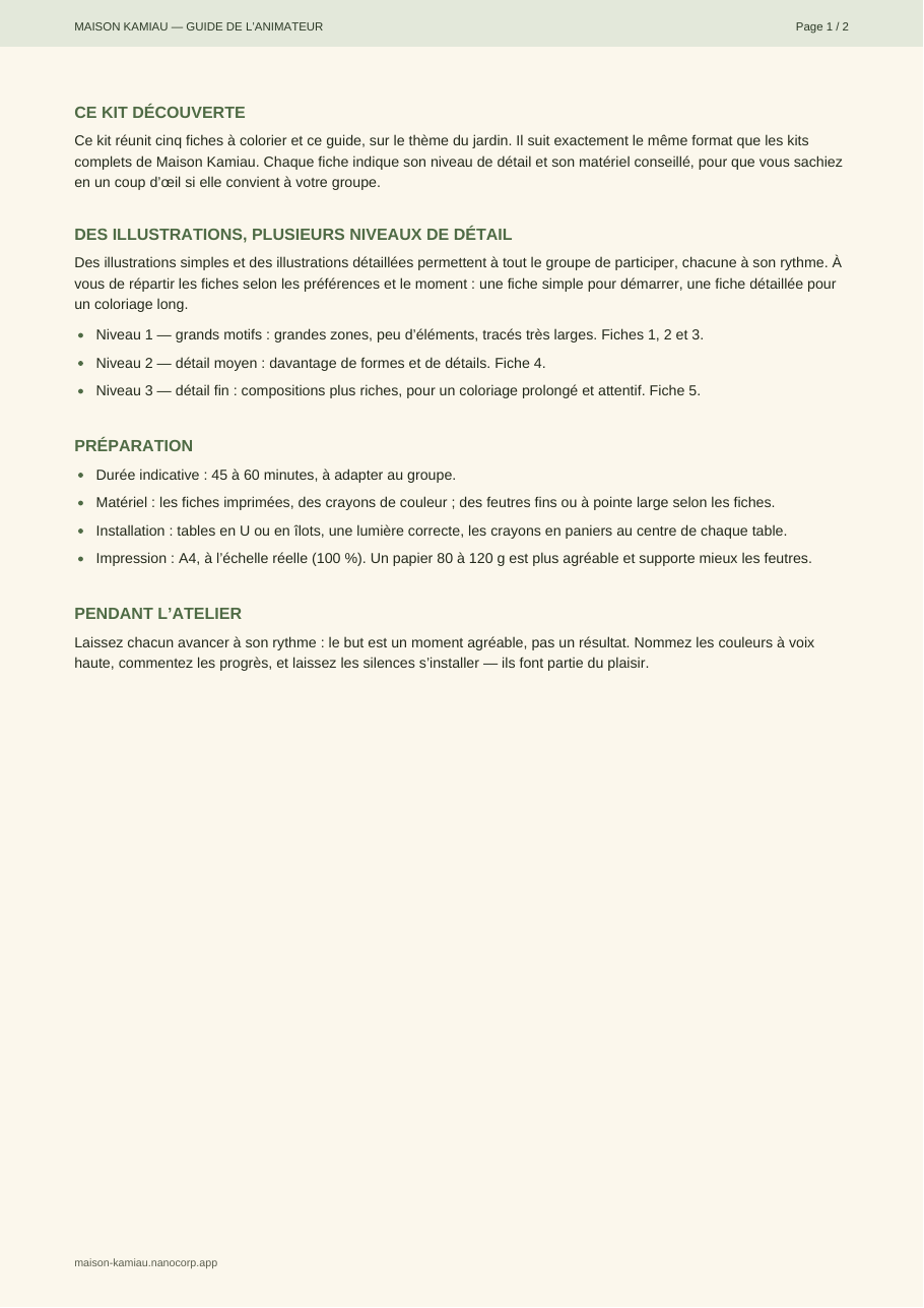 Page 1 du guide de l’animateur : ce kit, les niveaux de détail, la préparation et le déroulé de l’atelier.