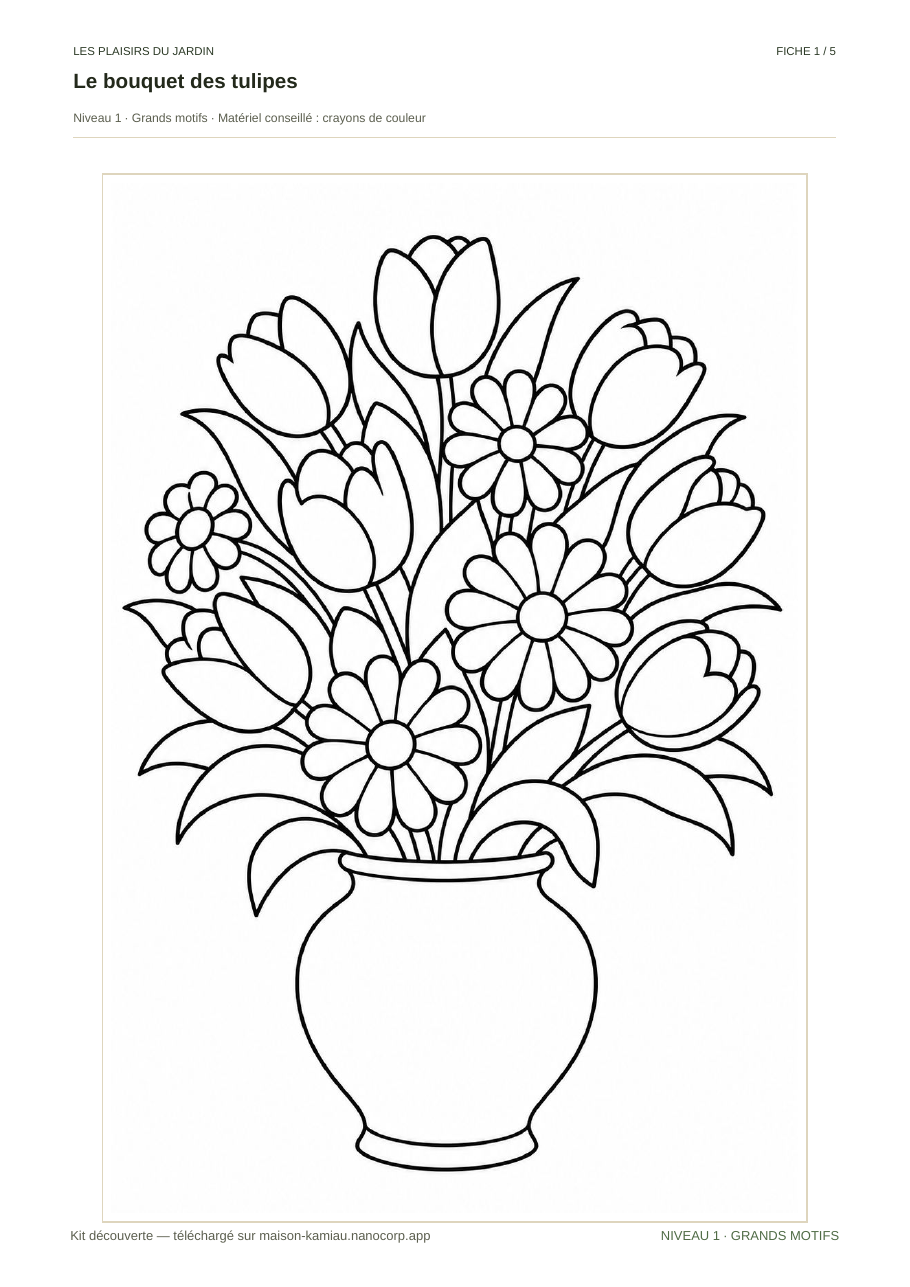 Fiche 1 du kit découverte : un bouquet de tulipes et de marguerites, grandes zones et contours nets.